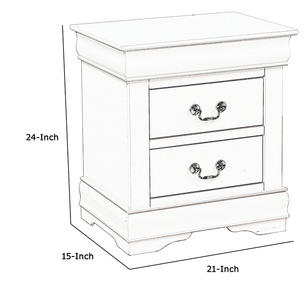2 Drawer Wooden Nightstand with Metal Hanging Pulls and Bracket Feet, White - View 6