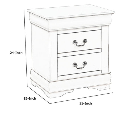 2 Drawer Wooden Nightstand with Metal Hanging Pulls and Bracket Feet, White - View 6