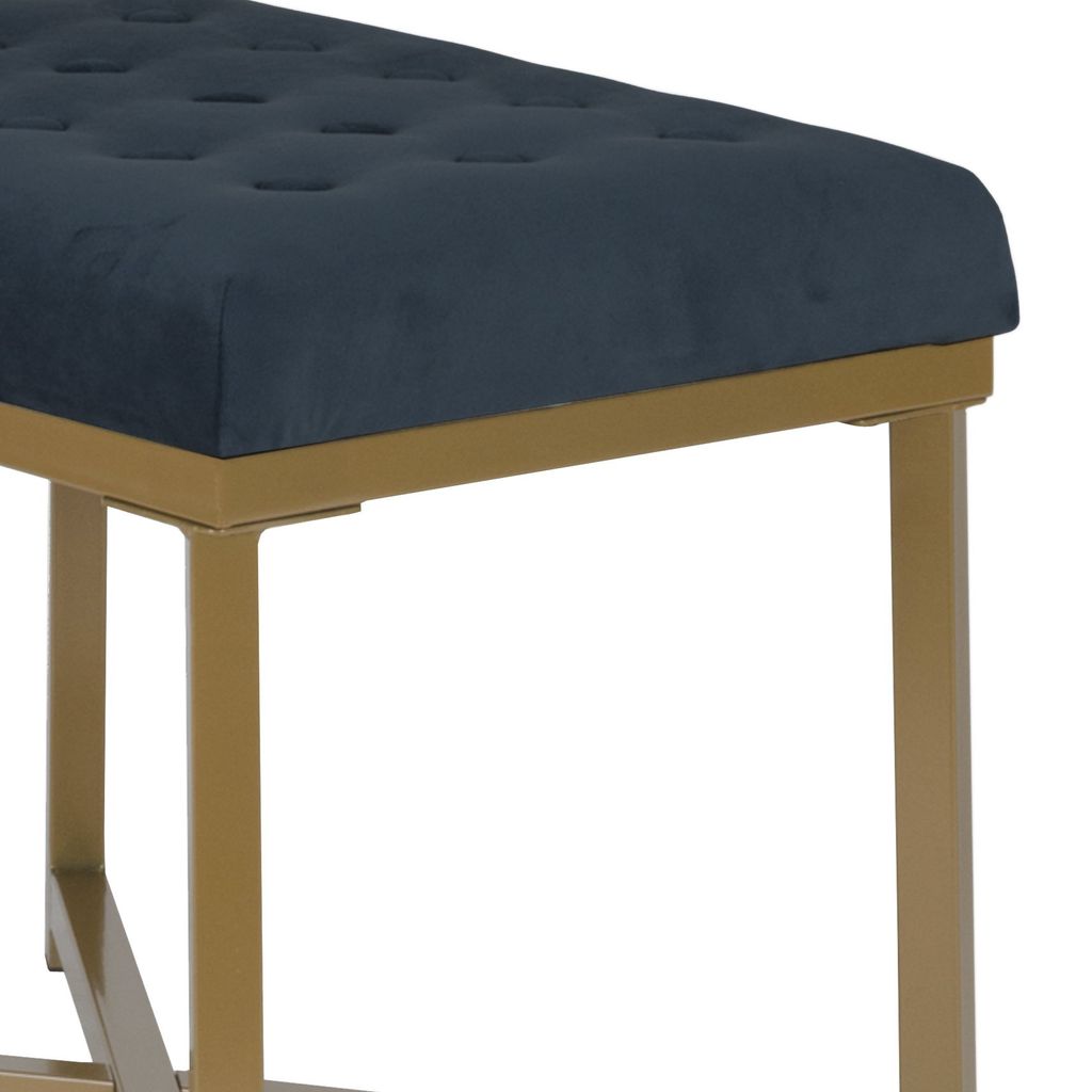 Metal Framed Bench with Button Tufted Velvet Upholstered Seat, Dark Blue and Gold - View 2
