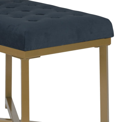 Metal Framed Bench with Button Tufted Velvet Upholstered Seat, Dark Blue and Gold - View 2