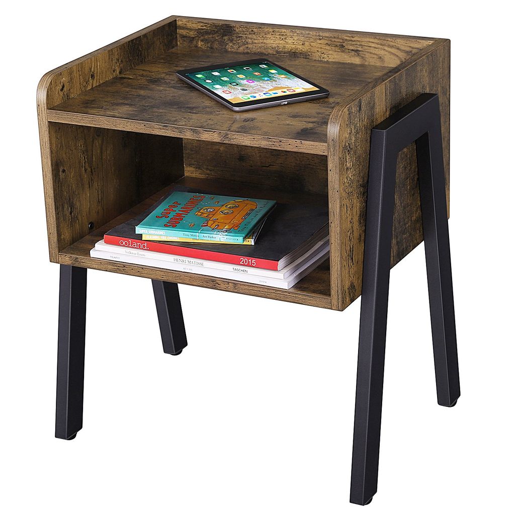 Wooden Stackable End Table with Inverted Iron Legs and Storage Compartment, Brown and Black - View 3