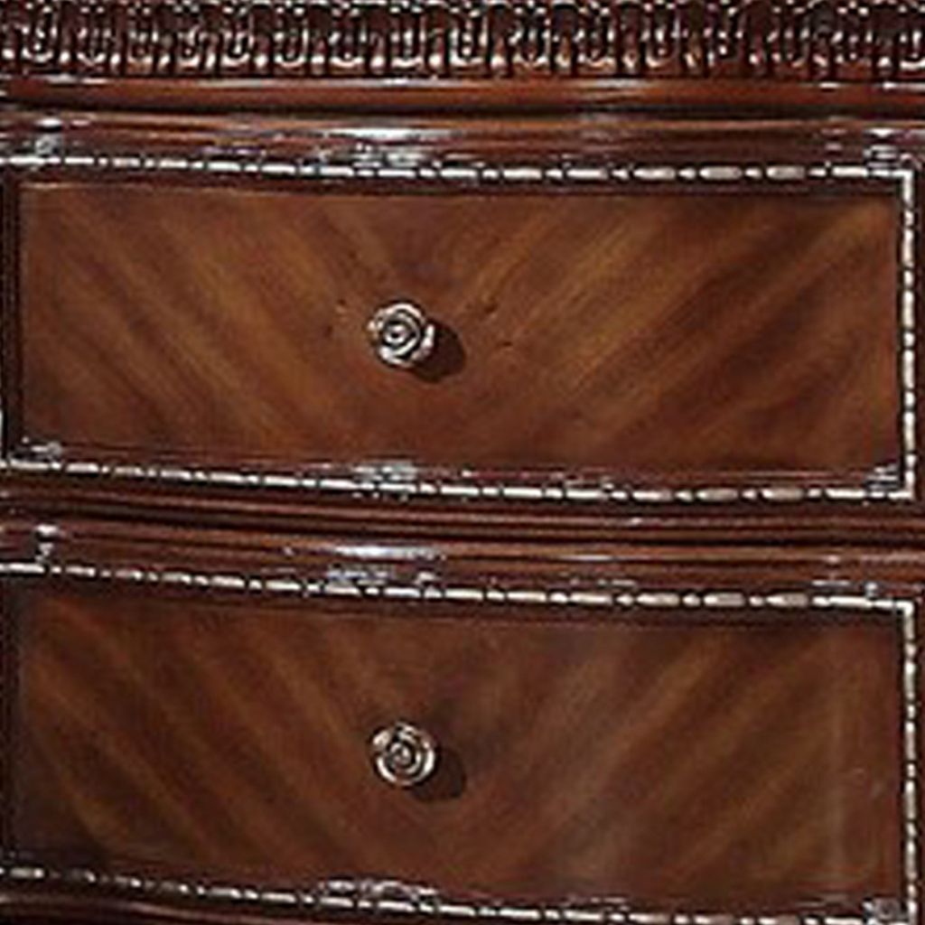 2 Drawer Wooden Nightstand with Metal Knobs and Carved Details, Brown - View 3