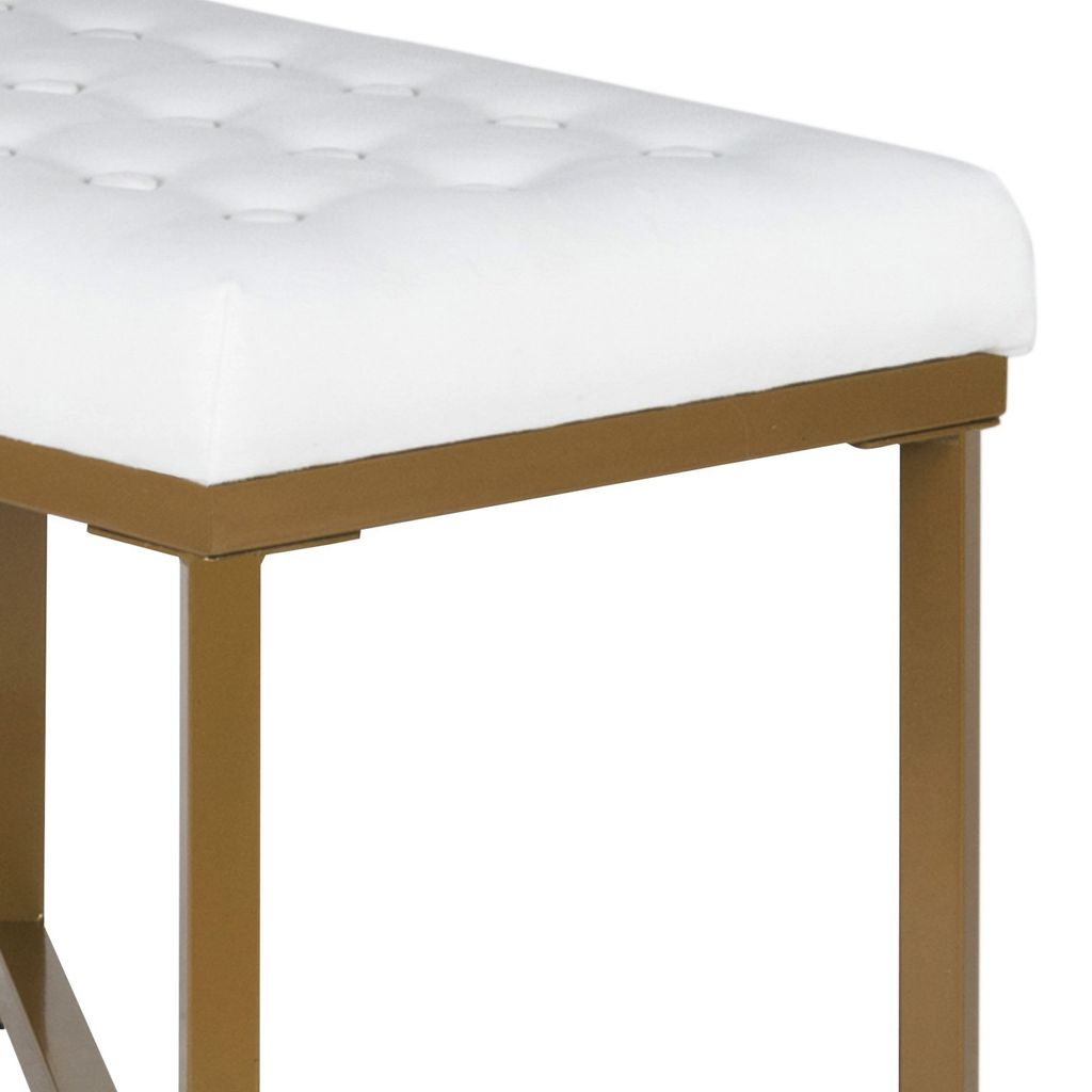 Metal Framed Bench with Button Tufted Velvet Upholstered Seat, White and Gold - View 2