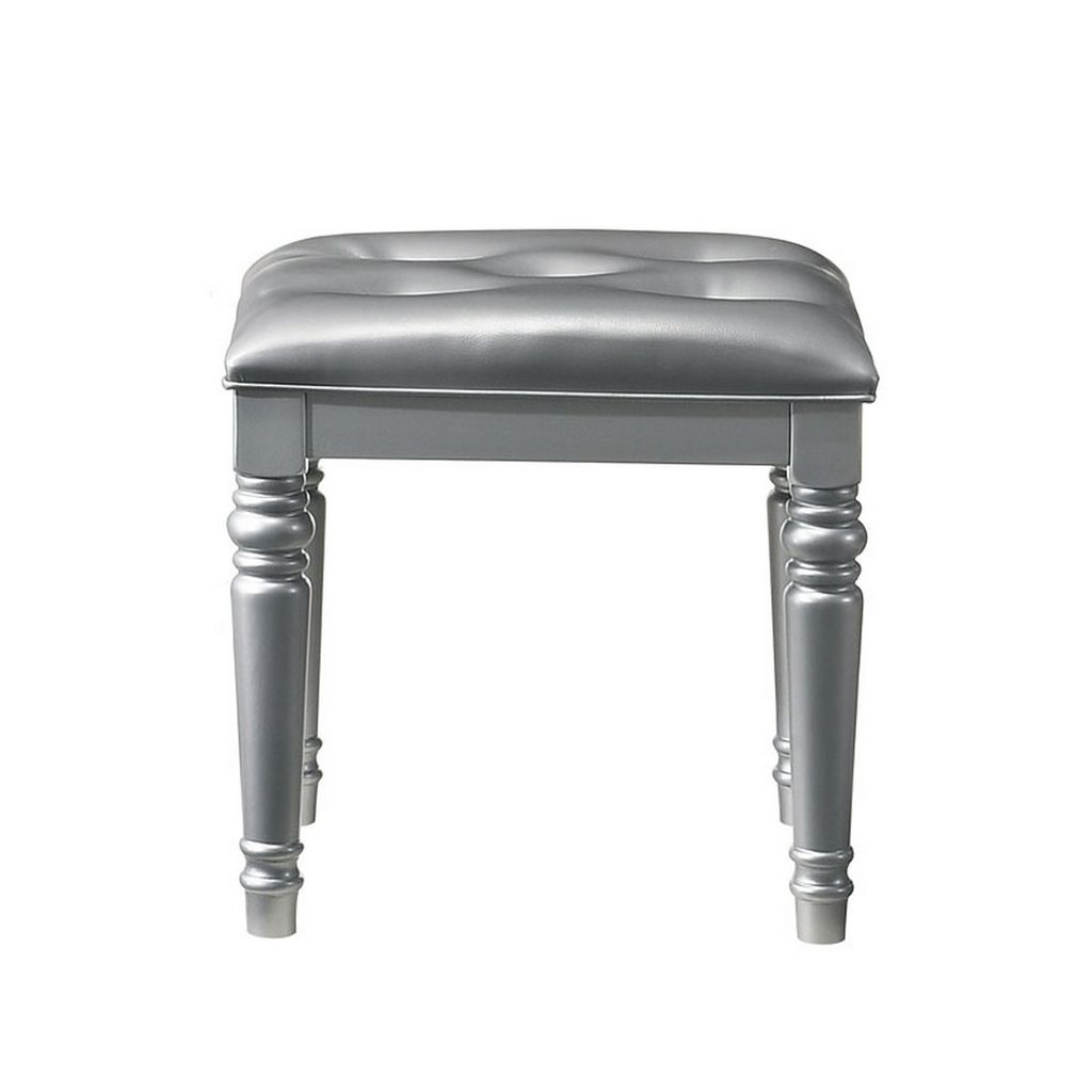 Kya 20 Inch Vanity Stool with Tufted Vegan Faux Leather Seat, Glam Silver - View 2