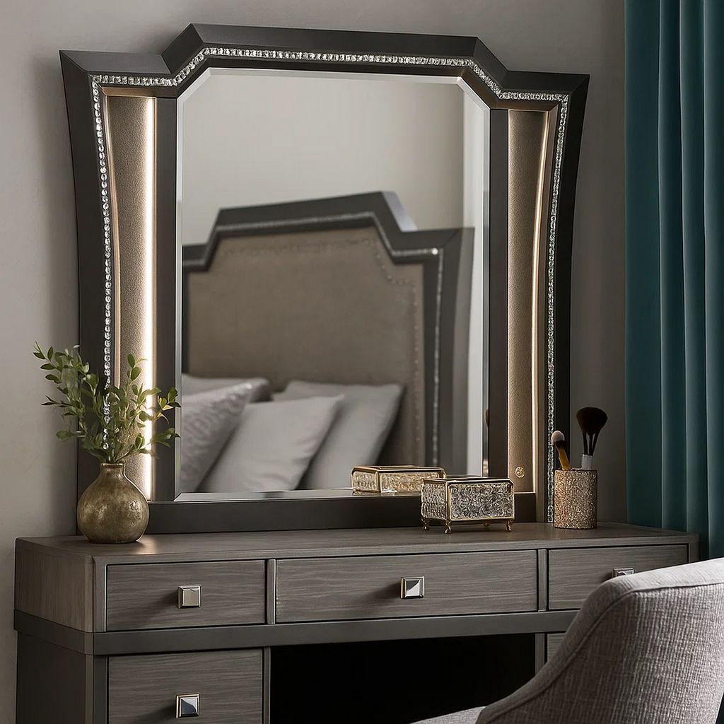 Contemporary Style Wooden Decorative Mirror with LED Lights, Gray - View 7