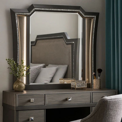 Contemporary Style Wooden Decorative Mirror with LED Lights, Gray - View 7