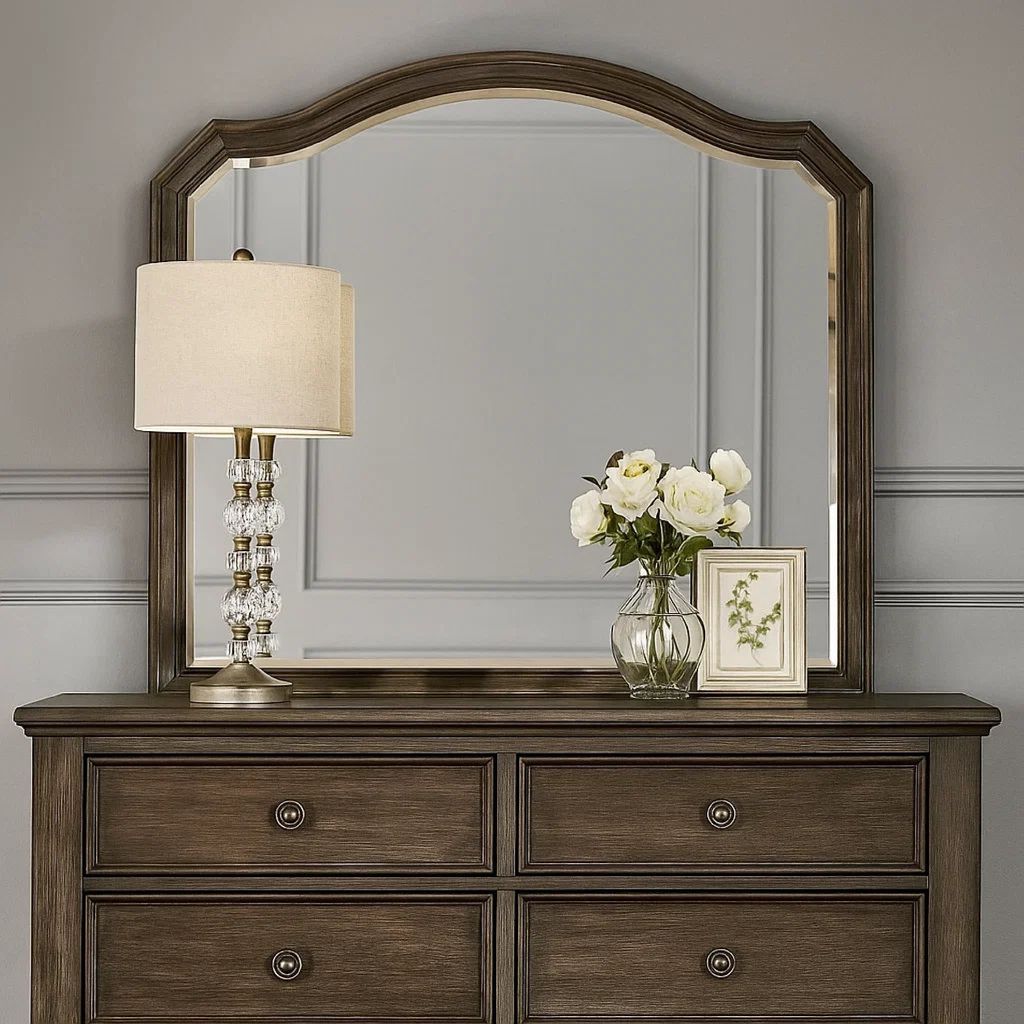 43.5 Inches Scalloped Mirror with Molded Details, Brown - View 7