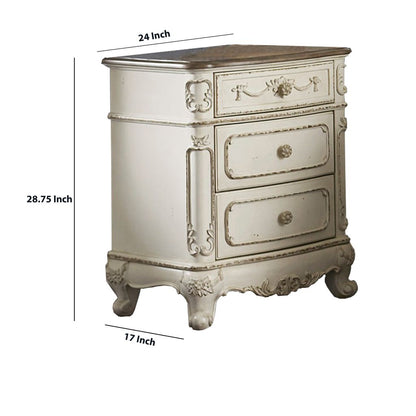 3 Drawer Nightstand with Floral Motif Carving Details, Antique White and Brown - View 5