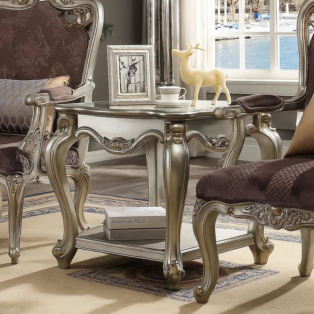 Side End Table, Scalloping, Polyresin Carvings and Bottom Shelf, Silver - View 7