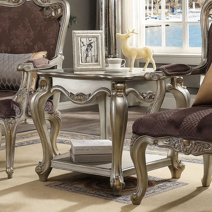 Side End Table, Scalloping, Polyresin Carvings and Bottom Shelf, Silver - View 7