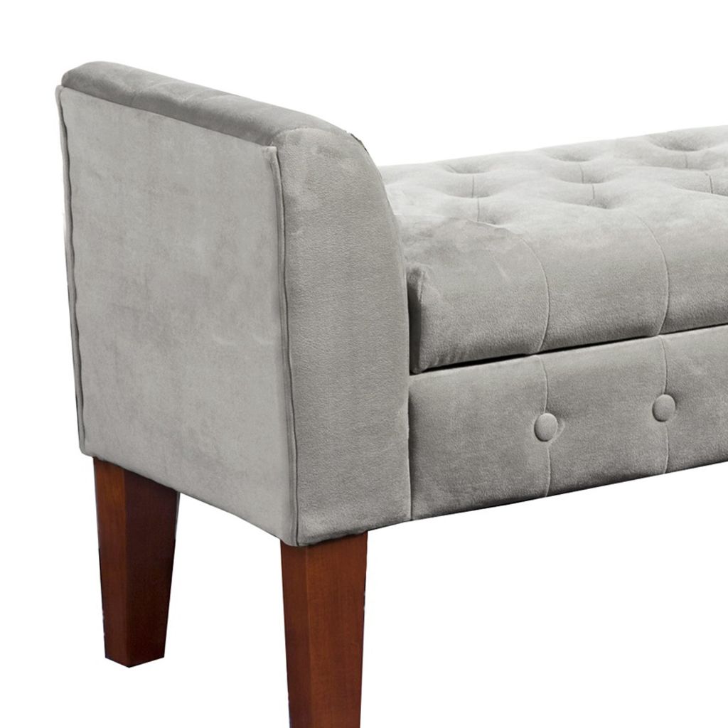 Velvet Upholstered Button Tufted Wooden Bench Settee With Hinged Storage, Gray and Brown - View 7
