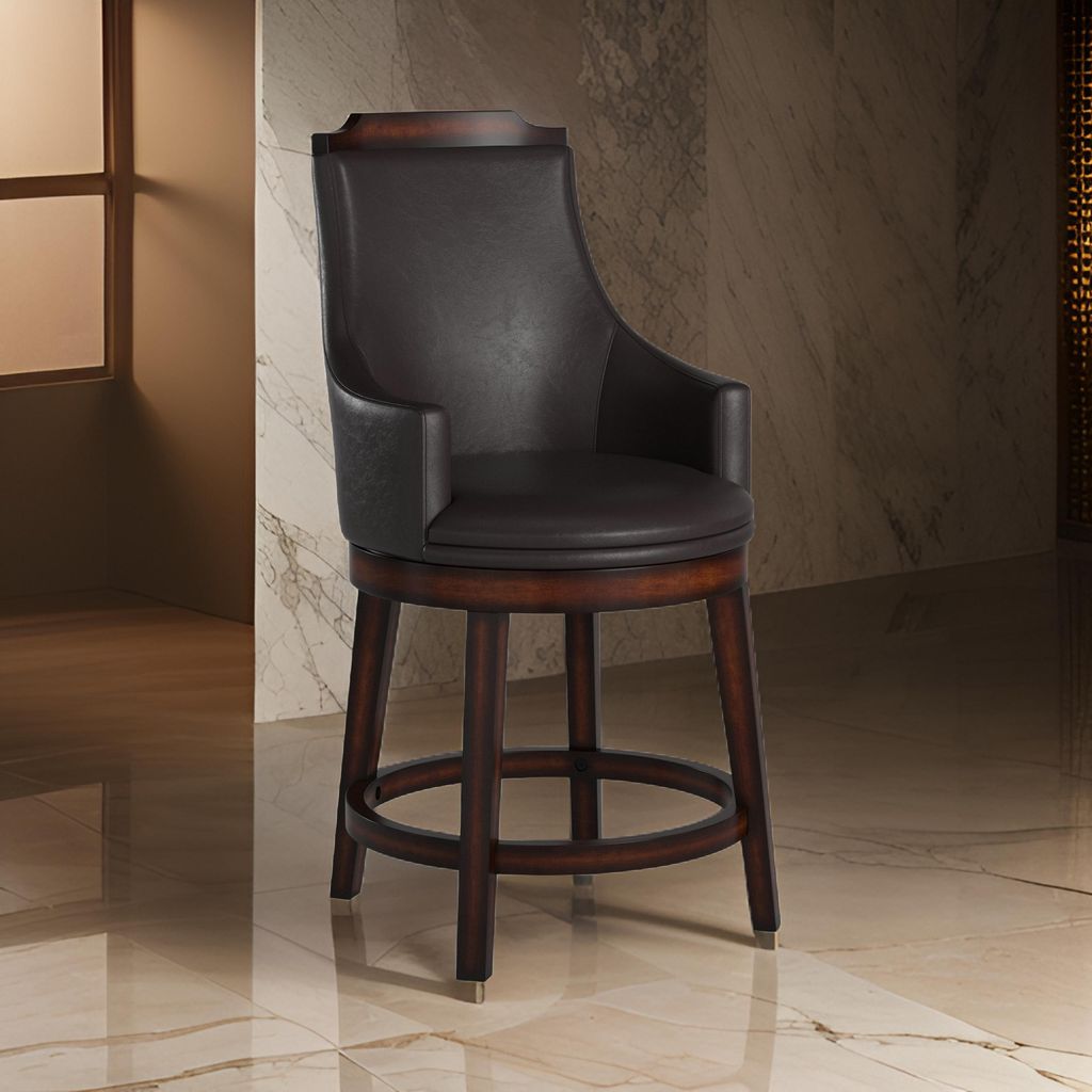 Wood & Leather Counter Height Chair with Swivel Mechanism, Brown & Black, Set of 2 - View 7