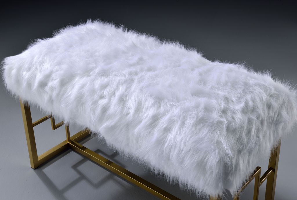 Modern Style Faux Fur Upholstered Bench with Geometrical Side Panels, White and Gold - View 4