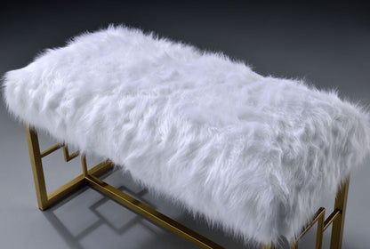 Modern Style Faux Fur Upholstered Bench with Geometrical Side Panels, White and Gold - View 4