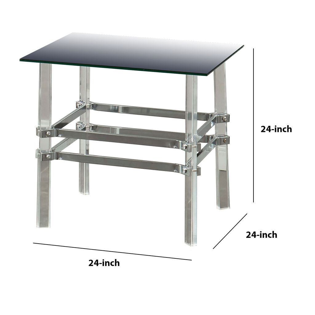Square Glass and Metal End Table with Tubular Legs, Silver and Clear - View 5