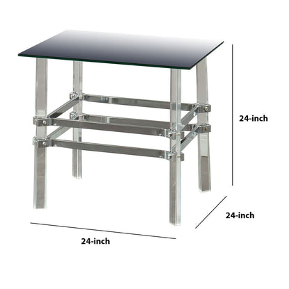 Square Glass and Metal End Table with Tubular Legs, Silver and Clear - View 5