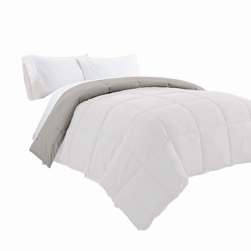 Beth Reversible Microfiber Queen Comforter, Squared Stitching, White, Gray