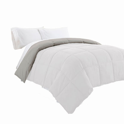 Beth Reversible Microfiber Queen Comforter, Squared Stitching, White, Gray