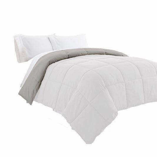 Beth Reversible Microfiber Queen Comforter, Squared Stitching, White, Gray