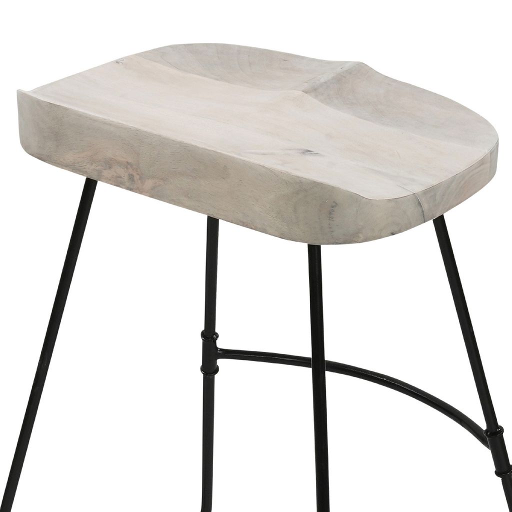 Tiva 24 Inch Handcrafted Backless Counter Height Stool, Whitewashed Mango Wood Saddle Seat, Black Me - View 6