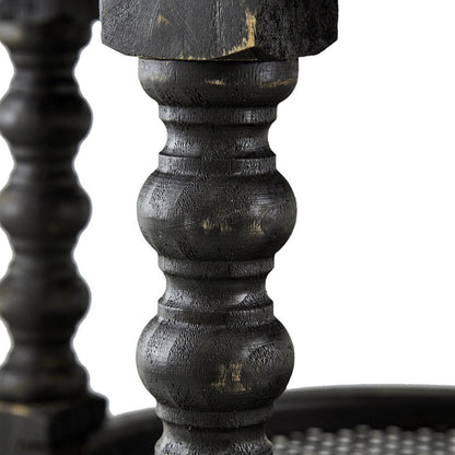 Jake 25 Inch 3 Tier Side Table, Fir Wood, 2 Woven Wicker Shelves, Black - View 3