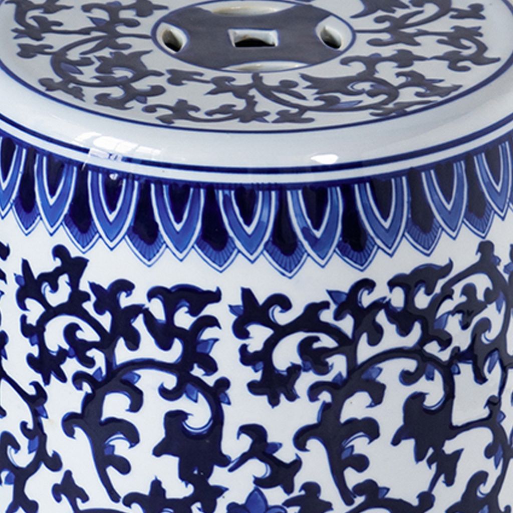 11 Inch Garden Stool, Ceramic Drum Shape, Blue, White Floral Pattern - View 5