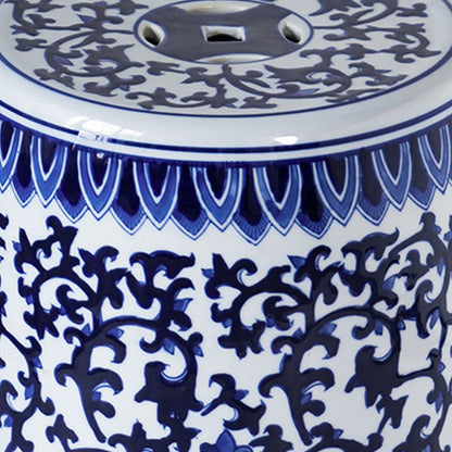 11 Inch Garden Stool, Ceramic Drum Shape, Blue, White Floral Pattern - View 5