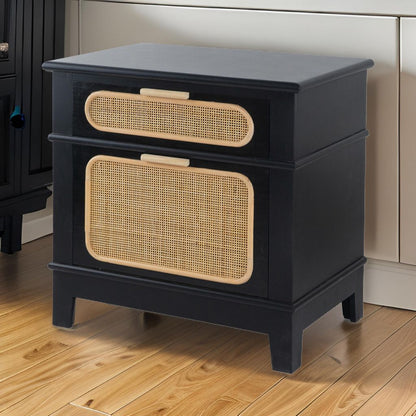 Dana 27 Inch Bedside Table, 2 Rattan Drawers, Pine Wood, Black, Brown - View 7