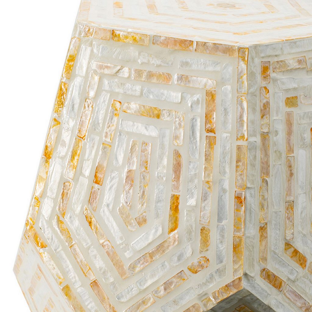 21 Inch Capiz Accent Stool Table, Hexagonal Drum, Angled Look, Beige White - View 3