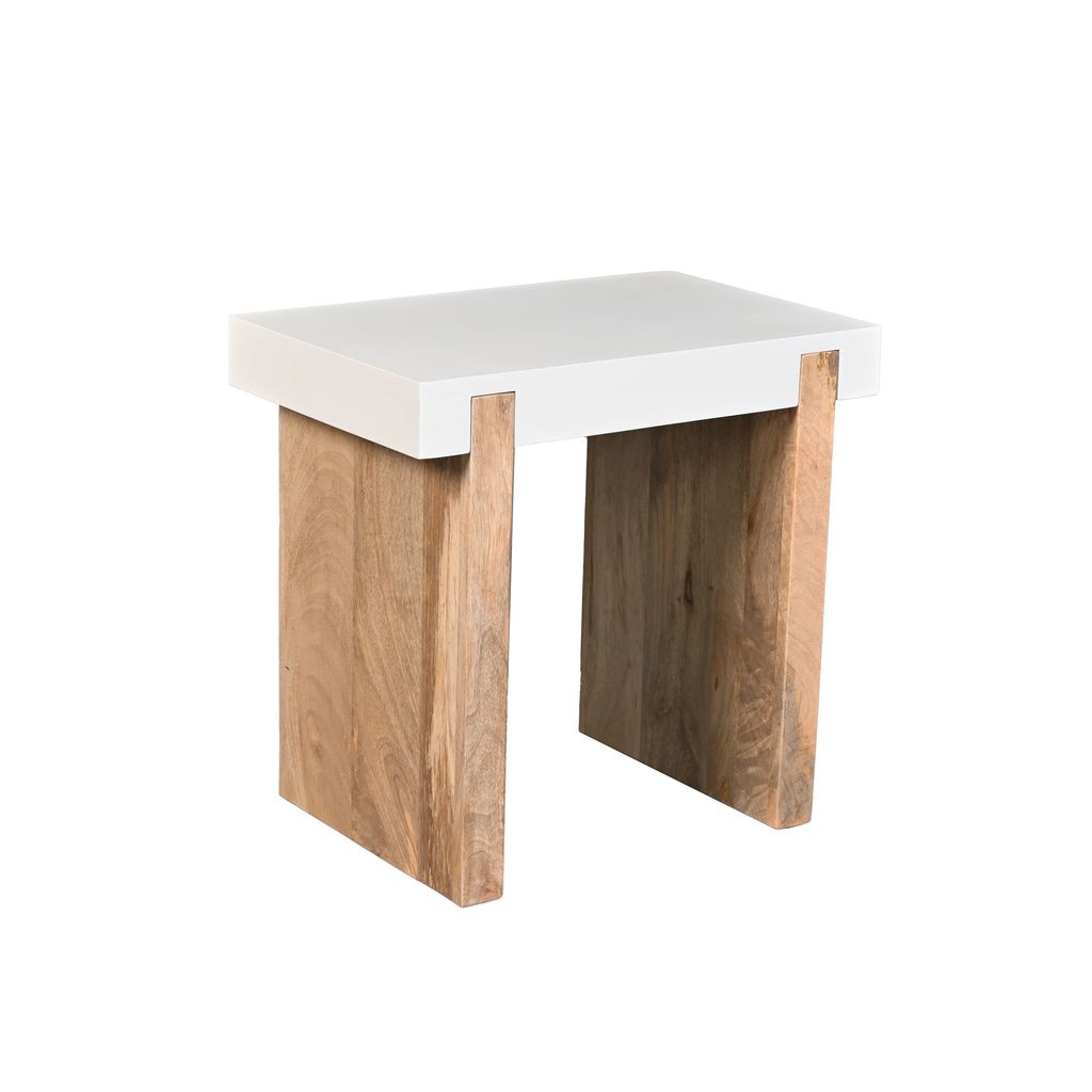 Kerry 20 Inch Rectangular End Side Table, Mango Wood, Sled Base, Glossy White, Natural Brown - View 2