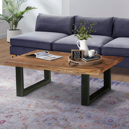 45 Inch Acacia Wood Rectangular Coffee Table, Live Edge Details, Black Powder Coated Metal Sled Base - View 6