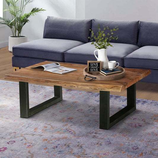 45 Inch Acacia Wood Rectangular Coffee Table, Live Edge Details, Black Powder Coated Metal Sled Base - View 6
