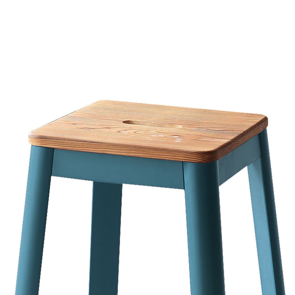 Industrial Style Metal Frame and Wooden Bar Stool, Brown and Blue - View 3