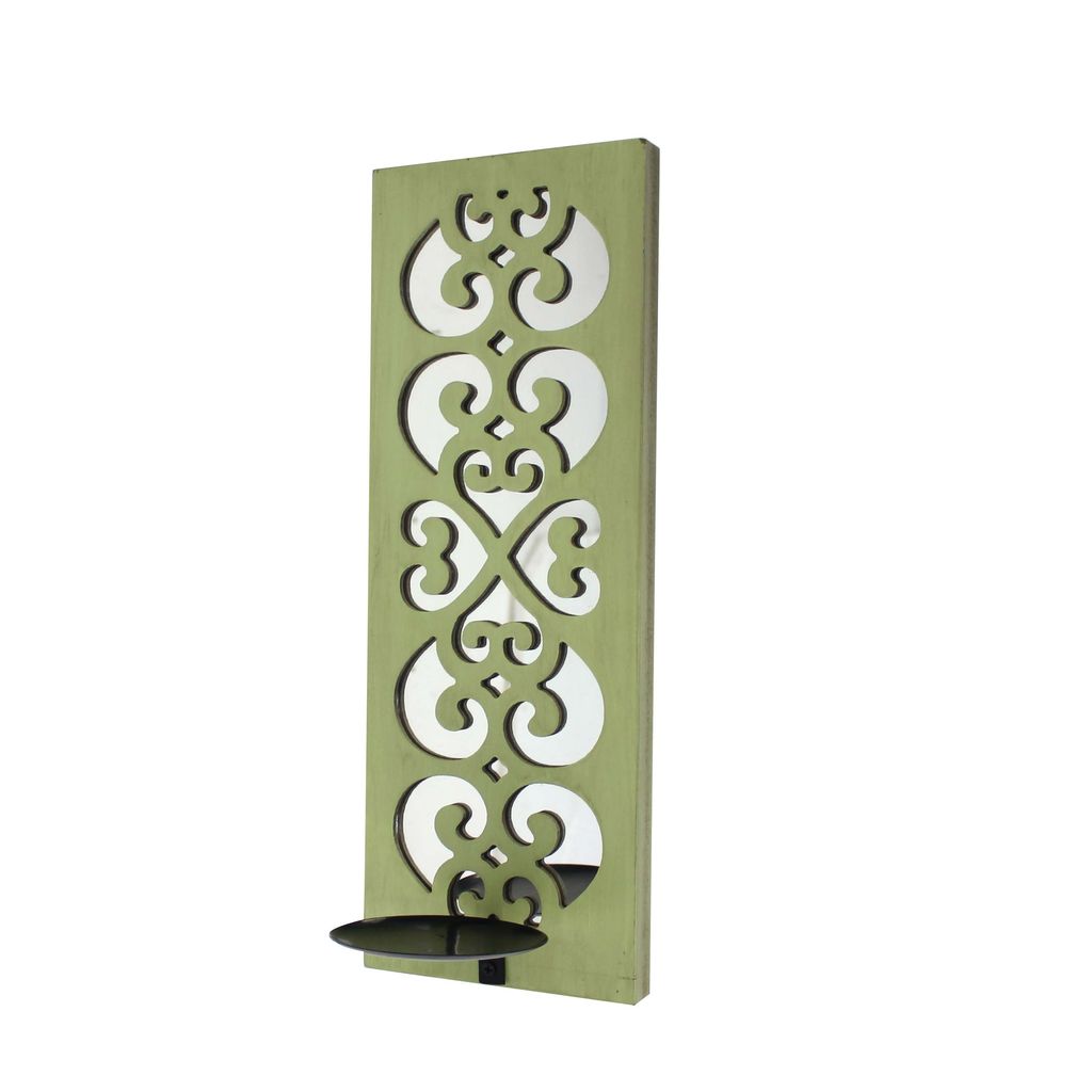 Quatrefoil Pattern Wooden Candle holder Set of 2 with Mirror Insert, Green