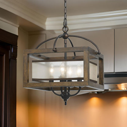 4 Bulb Semi Flush Pendant with Wooden Frame and Organza Striped Shade,Brown - View 7