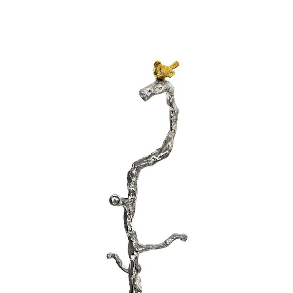 71 Inch Modern Aluminum Coat Stand, Branch Accent, Perched Bird, Silver - View 2
