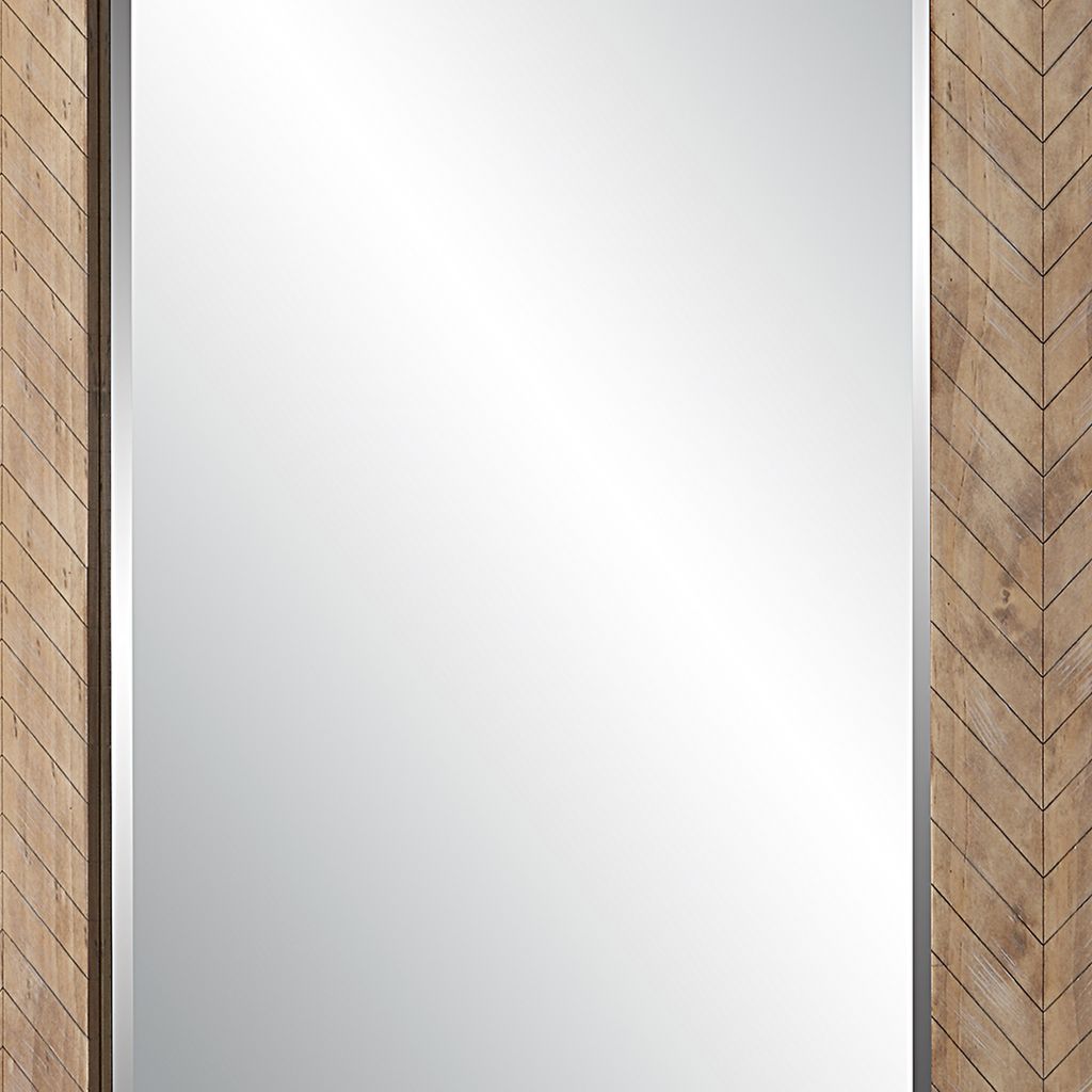 39 Inch Wood Frame Wall Mirror, Chevron Design, Brown - View 4