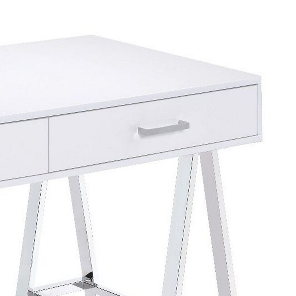 Writing Desk with MDF 2 Drawers and Metal Legs, White and Chrome - View 4