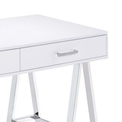 Writing Desk with MDF 2 Drawers and Metal Legs, White and Chrome - View 4