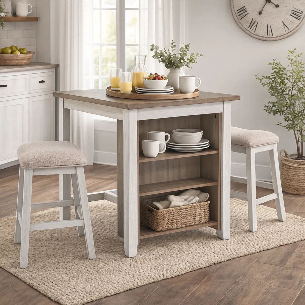 3 Piece Counter Height Table and Barstool Set, Antique White and Brown - View 7