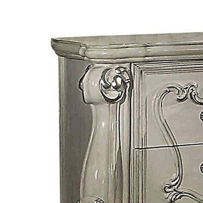 Two Drawers Wooden Nightstand with Carved Details, Bone White - View 2
