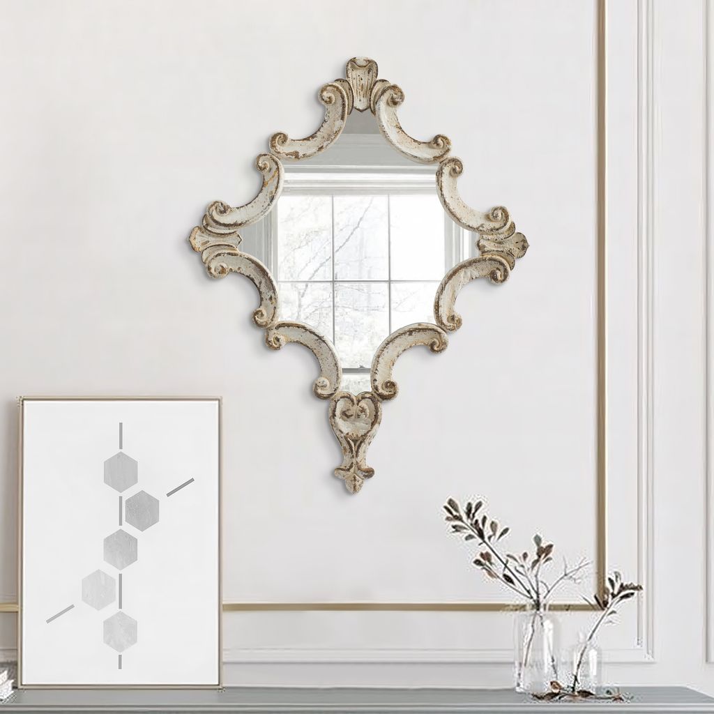 30 Inch Accent Wall Mirror, Carved Ornate Scrollwork Antique White Fir Wood - View 6