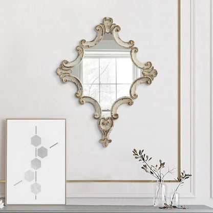 30 Inch Accent Wall Mirror, Carved Ornate Scrollwork Antique White Fir Wood - View 6
