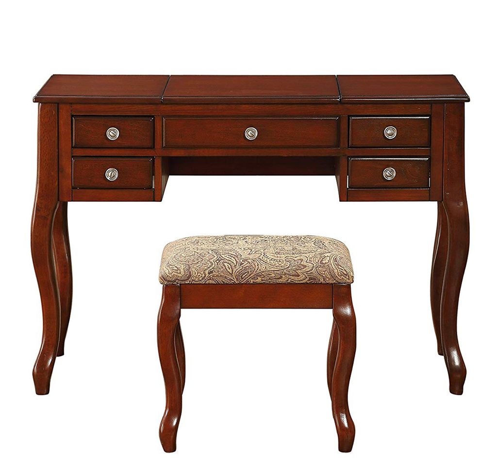 Cherub Vanity Set Featuring Stool and Flip-Up Mirror Cherry Brown