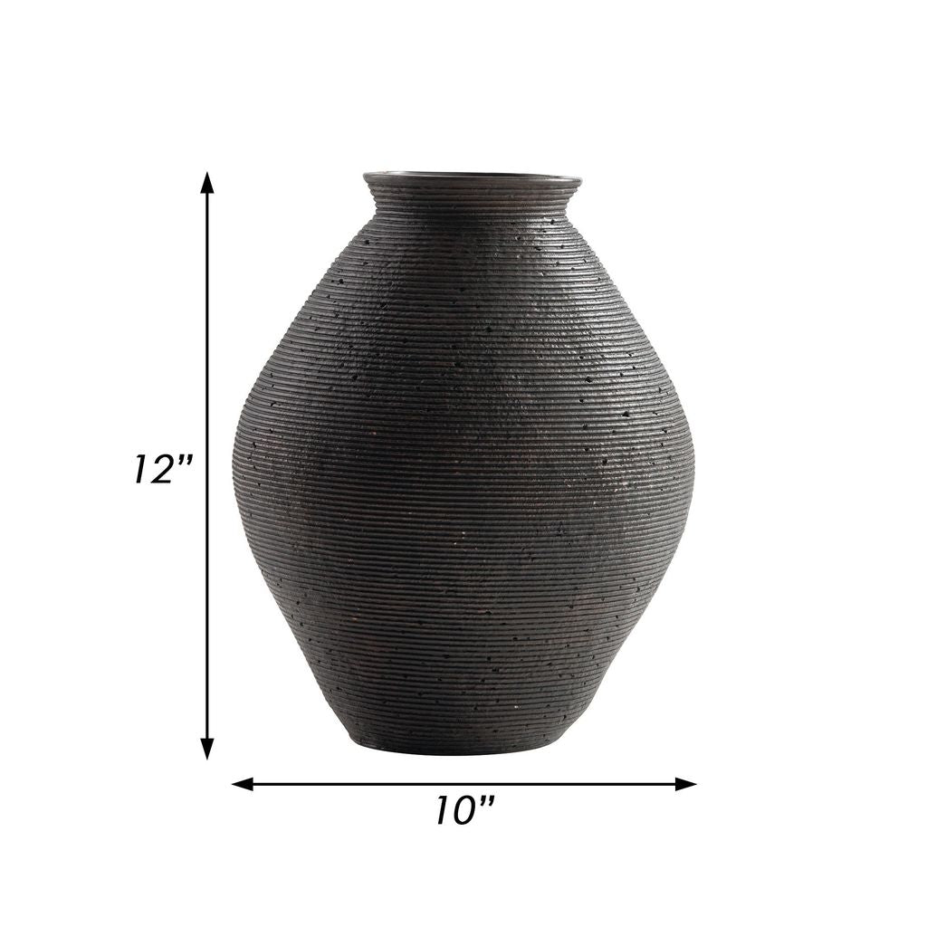 Dale 12 Inch Round Polyresin Vase, Wavy Ribbed Spiral Texture Antique Brown - View 6