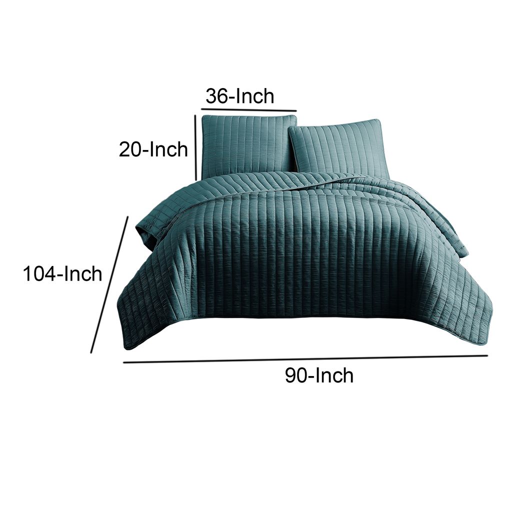 3 Piece Crinkle King Coverlet Set with Vertical Stitching, Turquoise Blue - View 5