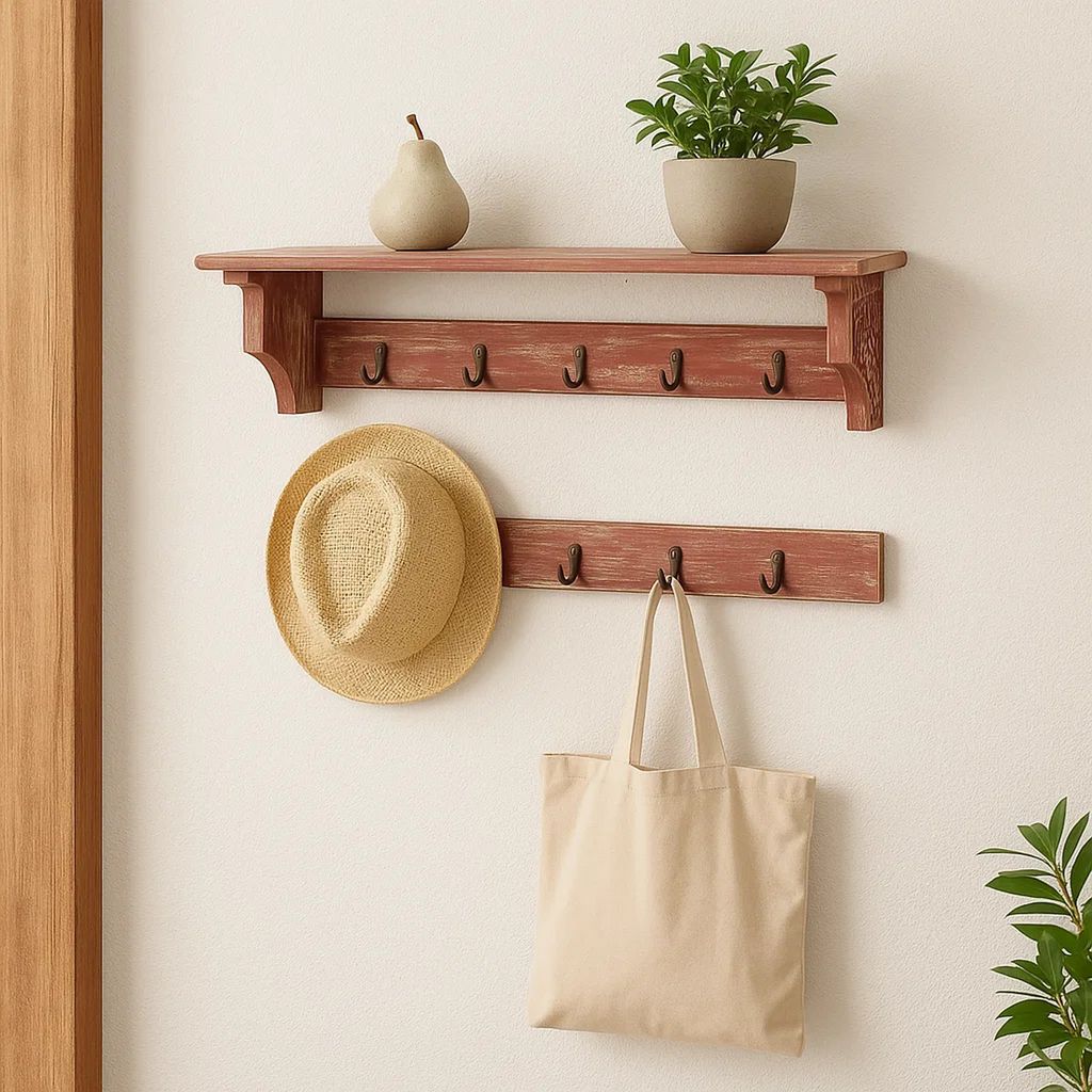 Wooden Wall Shelf Set of 2 with 4 Hooks and Carved Side Frames, Distressed Red - View 7