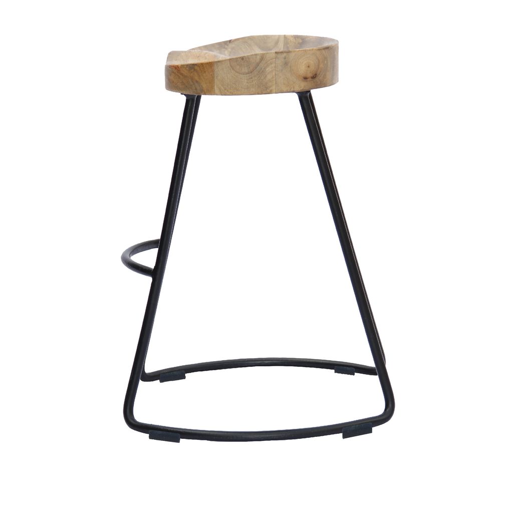 Ela 30 Inch Mango Wood Bar Stool, Saddle Seat, Iron Frame, Brown and Black - View 2
