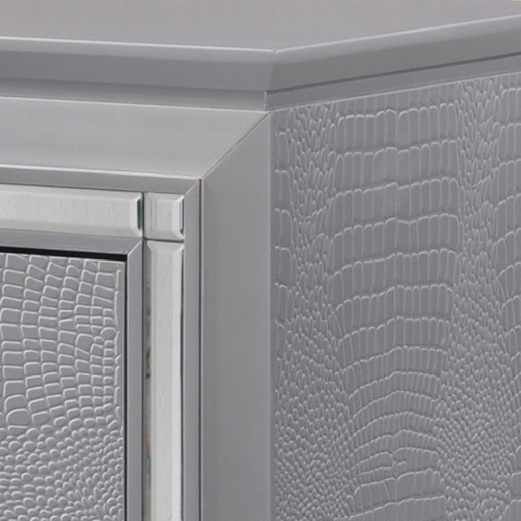 Two Drawer Wooden Nightstand with Textured Details and Mirror Accents, Gray - View 4