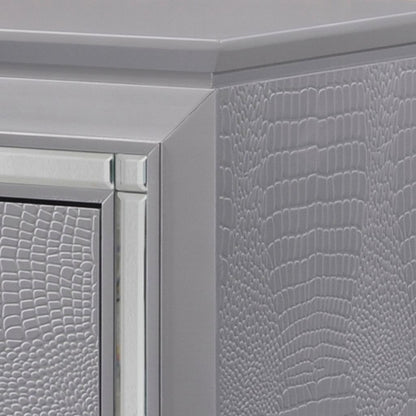 Two Drawer Wooden Nightstand with Textured Details and Mirror Accents, Gray - View 4